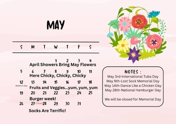 Story time calendar for May. Week 1 is 